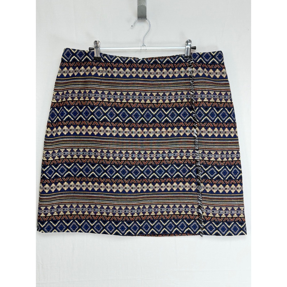 Cato Women Cotton Blend Skirt 16W Blue Geometric Tribal Fringe Tapestry Mini